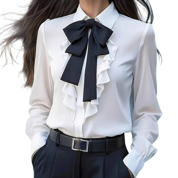 Lenpel Button down Shirts for Women Long Sleeve Collared Bow Knot Ruffle Trim Business Casual Work Tops Dressy Office Blouses(White,Small)