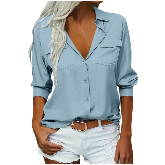 Lenpel Button down Shirts for Women Long Sleeve Collared Curved Hem Business Casual Tops Dressy Work Blouses with Pockets(Light Blue,Large)
