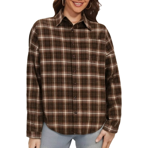 Lenpel Button down Shirts for Women Long Sleeve Collared Curved Hem Plaid Tunic Tops Trendy Casual Blouses Loose Shirt Jackets(Brown,X-Large)