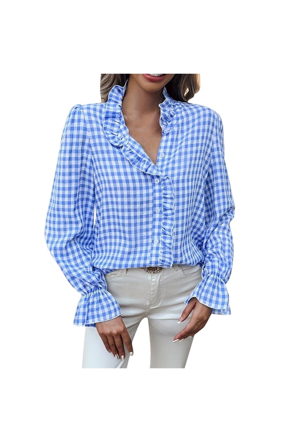 Button down Shirts for Women Long Sleeve Collared Ruffle Trim Curved Hem Plaid Tunic Tops Loose Casual Blouses(Blue,Medium)