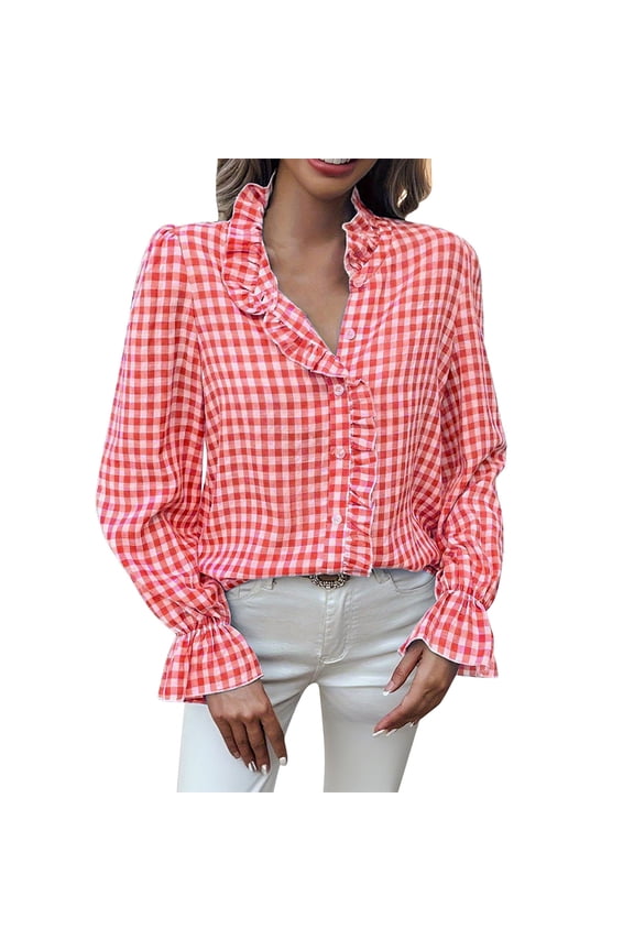 Button down Shirts for Women Long Sleeve Collared Ruffle Trim Curved Hem Plaid Tunic Tops Loose Casual Blouses(Red,Large)