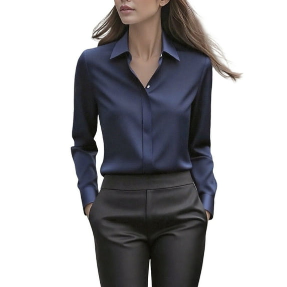 Lenpel Button down Shirts for Women Long Sleeve Collared Solid Color Business Casual Work Tops Dressy Office Blouses(Navy,XX-Large)