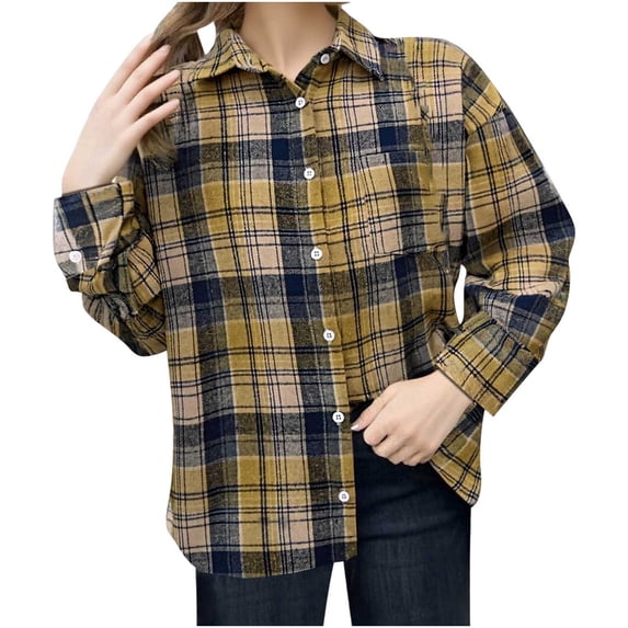 Lenpel Button down Shirts for Women Long Sleeve Curved Hem Plaid Collared Blouses Business Casual Work Tops Loose Shackets(Coffee,Large)