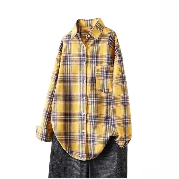 Lenpel Button down Shirts for Women Long Sleeve Plaid Collared Blouses Loose Casual Tops Lightweight Shackets with Pocket(Yellow,X-Large)