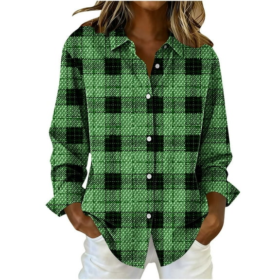 Lenpel Button down Shirts for Women Long Sleeve Plaid Printed Collared Blouses Dressy Casual Tops Loose Trendy Shirts(Green,X-Large)