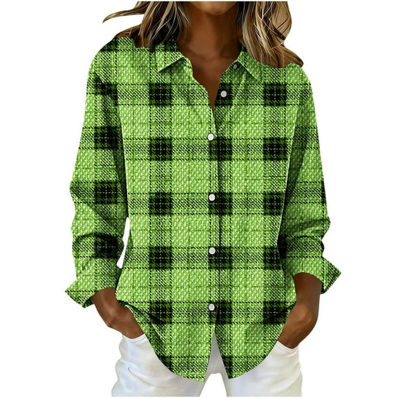 Lenpel Button down Shirts for Women Long Sleeve Plaid Printed Collared Blouses Dressy Casual Tops Loose Trendy Shirts(Mint Green,X-Large)
