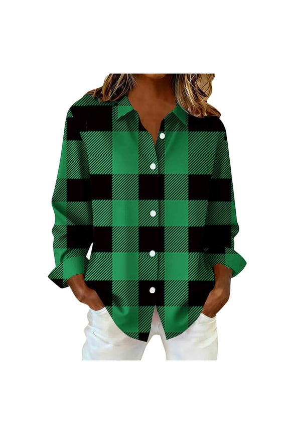 Button down Shirts for Women Plus Size Long Sleeve Curved Hem Plaid Collared Blouses Loose Dressy Casual Tops(Army Green,X-Large)