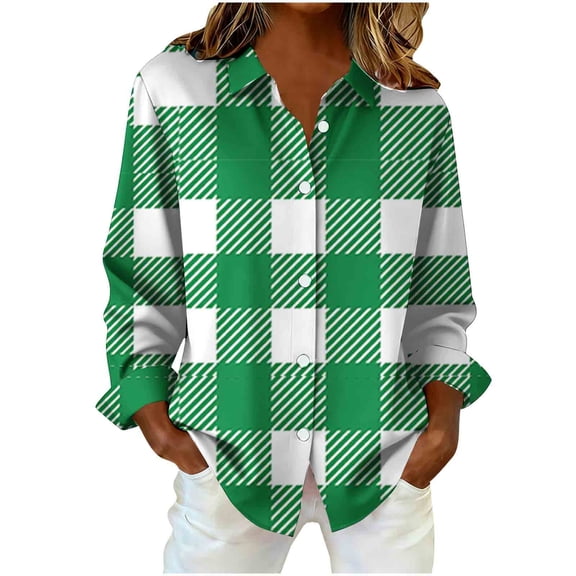 Lenpel Button down Shirts for Women Plus Size Long Sleeve Curved Hem Plaid Collared Blouses Loose Dressy Casual Tops(Green,Small)