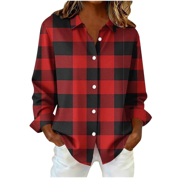 Lenpel Button down Shirts for Women Plus Size Long Sleeve Curved Hem Plaid Collared Blouses Loose Dressy Casual Tops(Red,X-Large)