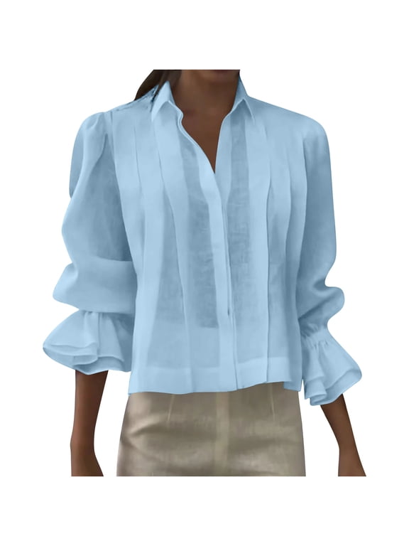 Button down Shirts for Women Ruffle Long Sleeve Collared Pleated Cotton Linen Tops Dressy Casual Blouses(Light Blue,X-Large)