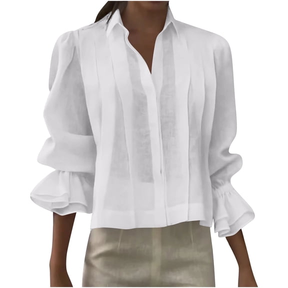 Lenpel Button down Shirts for Women Ruffle Long Sleeve Collared Pleated Cotton Linen Tops Dressy Casual Blouses(White,X-Large)