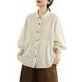 thumbnail image 1 of Lenpel Button down Shirts for Women Ruffle Long Sleeve Mock Neck Babydoll Collared Pleated Loose Fit Blouses Dressy Casual Tops(Beige,Large), 1 of 4