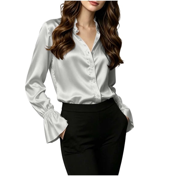 Lenpel Button down Shirts for Women Satin Dressy Casual Collared Ruffle Long Sleeve Tops Elegant Silky Business Office Blouses