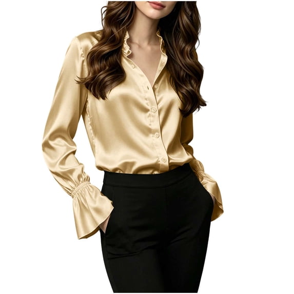 Lenpel Button down Shirts for Women Satin Dressy Casual Collared Ruffle Long Sleeve Tops Elegant Silky Business Office Blouses
