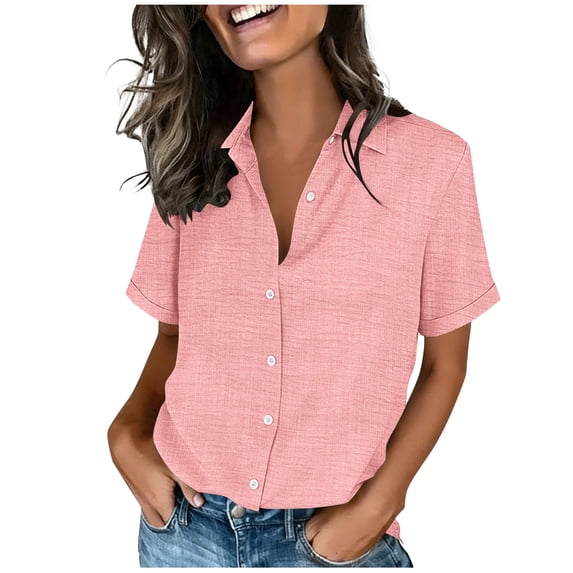 Lenpel Button down Shirts for Women Short Sleeve Collared Curved Hem Dressy Business Casual Tunic Tops Loose Work Blouses
