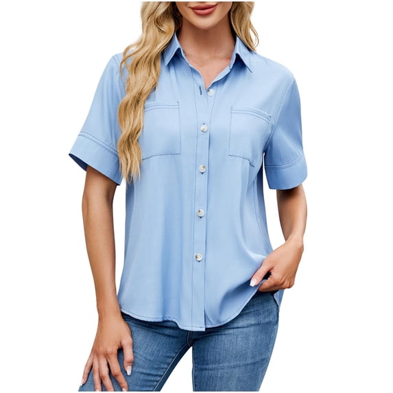 Lenpel Button down Shirts for Women Short Sleeve Collared Pleated Business Casual Tunic Tops Loose Work Blouses with Pockets