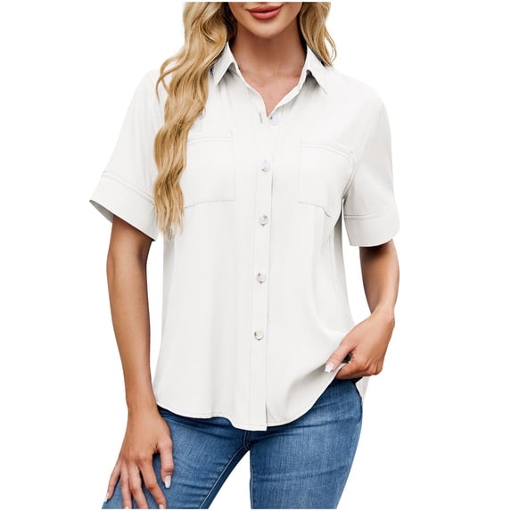 Lenpel Button down Shirts for Women Short Sleeve Collared Pleated Business Casual Tunic Tops Loose Work Blouses with Pockets