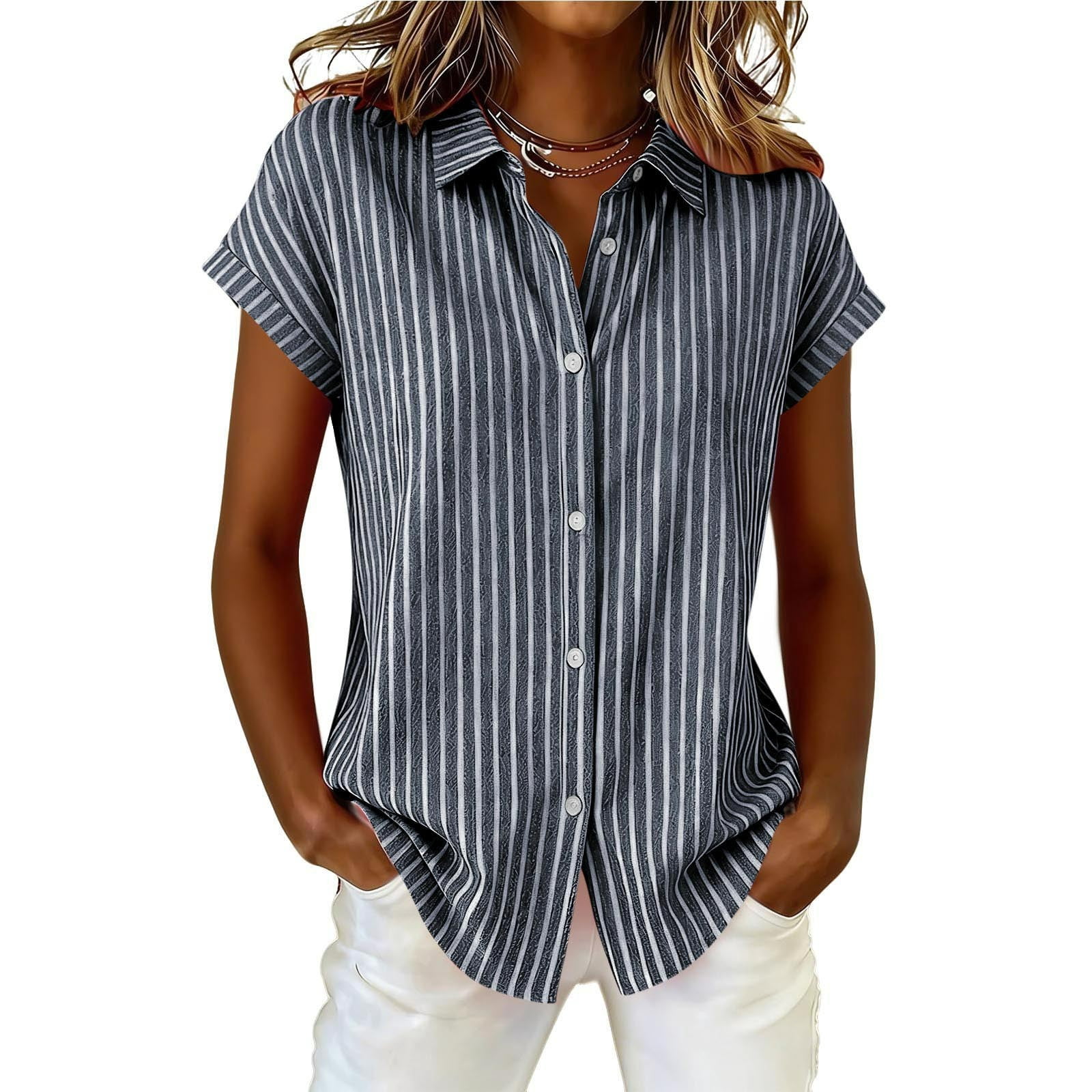 Lenpel Button down Shirts for Women Short Sleeve Collared Striped ...