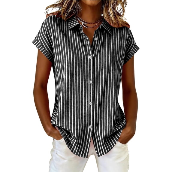 Lenpel Button down Shirts for Women Short Sleeve Collared Striped Cotton Linen Tops Business Casual Blouses