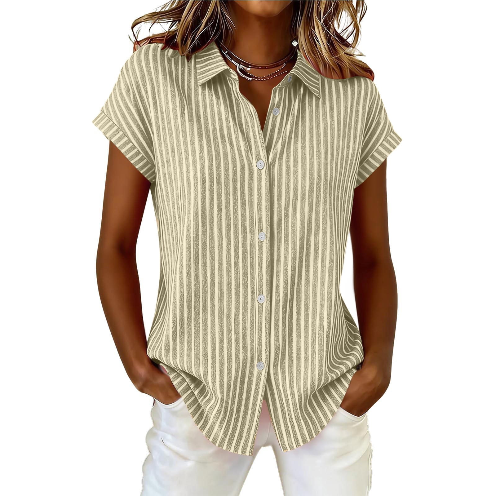 Lenpel Button down Shirts for Women Short Sleeve Collared Striped ...