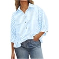 thumbnail image 1 of Lenpel Button down Shirts for Women Trendy 3/4 Sleeve Collared Ruffle Hem Striped Crop Tops Loose Fit Casual Blouses(Blue,XX-Large), 1 of 7