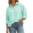 thumbnail image 1 of Lenpel Button down Shirts for Women Trendy 3/4 Sleeve Collared Ruffle Hem Striped Crop Tops Loose Fit Casual Blouses(Green,Medium), 1 of 7