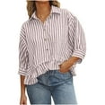 thumbnail image 1 of Lenpel Button down Shirts for Women Trendy 3/4 Sleeve Collared Ruffle Hem Striped Crop Tops Loose Fit Casual Blouses(Khaki,X-Large), 1 of 7