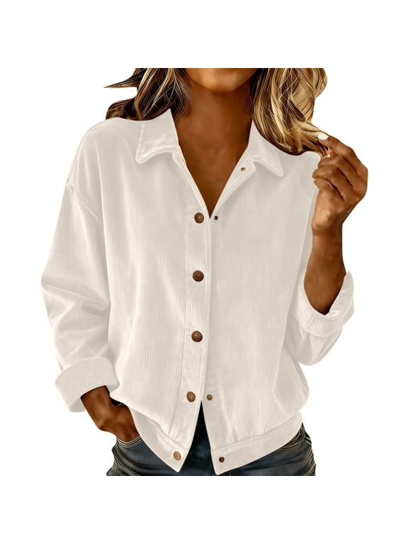 Button down Shirts for Women Trendy Long Sleeve Collared Corduroy Tops Dressy Casual Blouses Loose Fashion Jackets(Beige,XX-Large)