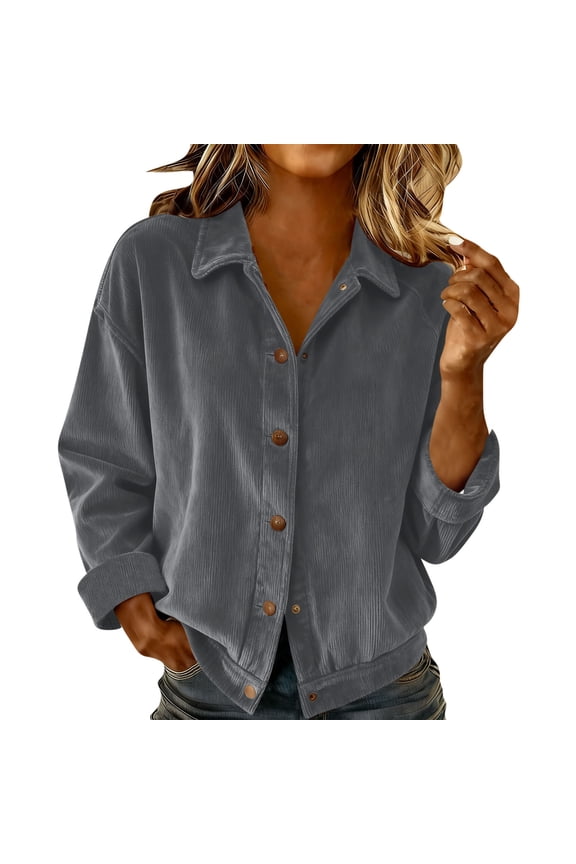 Button down Shirts for Women Trendy Long Sleeve Collared Corduroy Tops Dressy Casual Blouses Loose Fashion Jackets(Gray,Small)