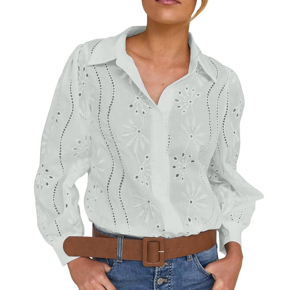 Lenpel Button down Shirts for Women Trendy Long Sleeve Collared Hollow out Embroidered Tops Dressy Casual Blouses(Army Green,Medium)