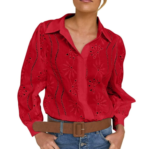 Lenpel Button down Shirts for Women Trendy Long Sleeve Collared Hollow out Embroidered Tops Dressy Casual Blouses(Red,X-Large)