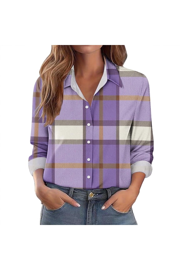 Button down Shirts for Women Trendy Long Sleeve Collared Plaid Business Casual Tops Loose Tunic Blouses(Purple,Large)