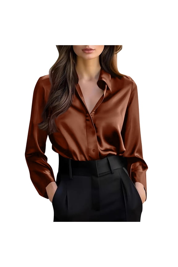 Button down Shirts for Women Trendy Long Sleeve Collared Solid Color Business Casual Tops Loose Work Blouses(Coffee,XX-Large)