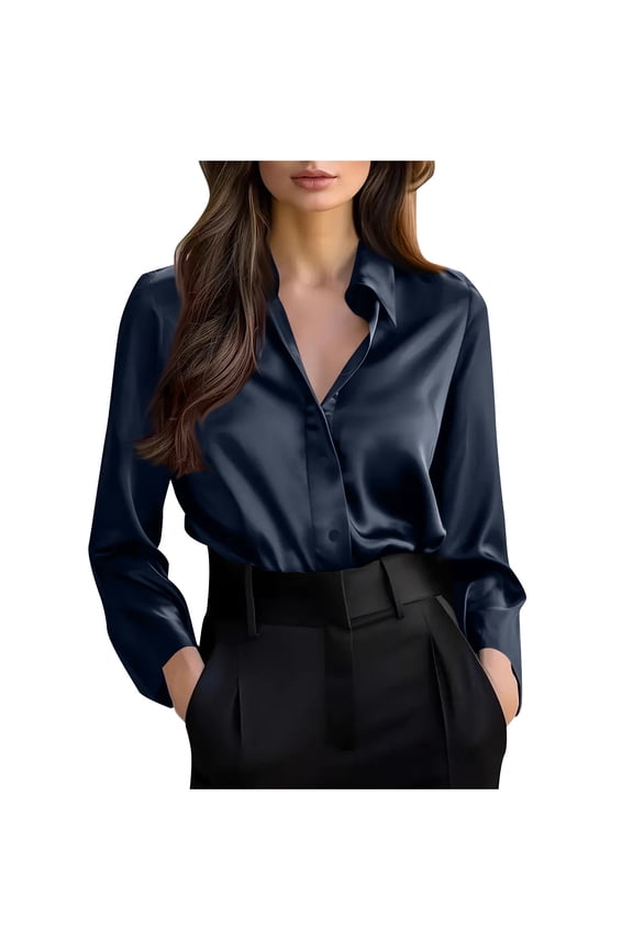 Button down Shirts for Women Trendy Long Sleeve Collared Solid Color Business Casual Tops Loose Work Blouses(Navy,X-Large)