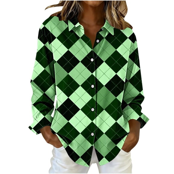 Lenpel Button down Shirts for Women Trendy Long Sleeve Plaid Collared Blouses Dressy Casual Tops Loose Work Shirts(Army Green,Small)