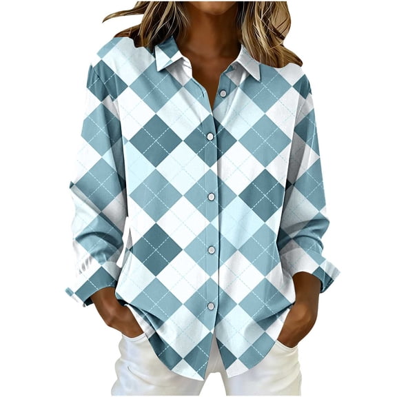 Lenpel Button down Shirts for Women Trendy Long Sleeve Plaid Collared Blouses Dressy Casual Tops Loose Work Shirts(Light Blue,Large)