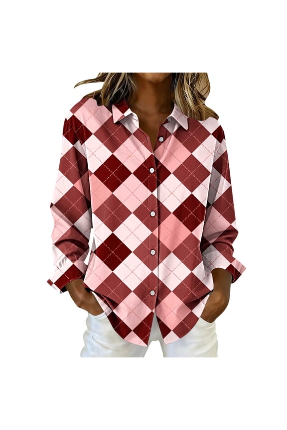 Button down Shirts for Women Trendy Long Sleeve Plaid Collared Blouses Dressy Casual Tops Loose Work Shirts(Red,Small)