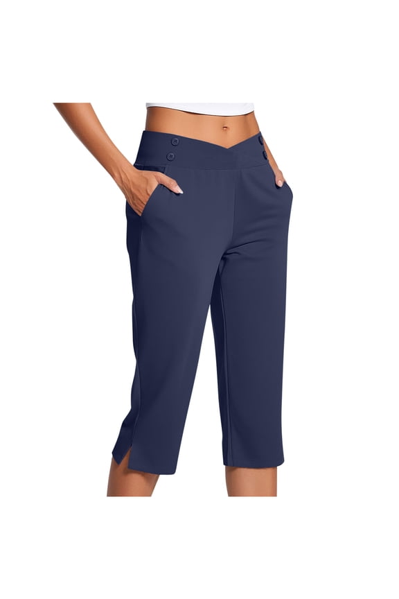 Capri Pants For Women Crossover High Waisted Stretchy Pull on Business Casual Work Cropped Pants Yoga Capris Trousers