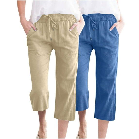 Lenpel Capri Pants for Women 2 Pc Elastic High Waisted Drawstring Cropped Cotton Linen Pants Summer Casual Beach Trousers with Pockets