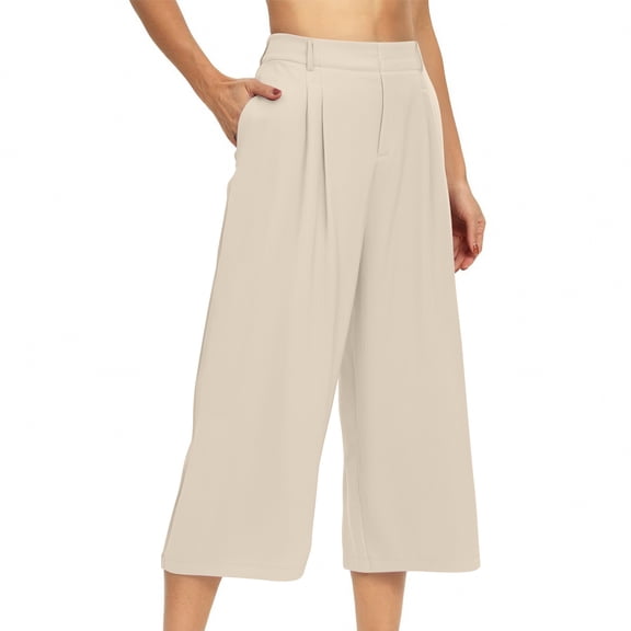 Lenpel Capri Pants for Women Business Casual Elastic High Waisted Pleated Wide Leg Cropped Dress Pants Palazzo Work Trousers