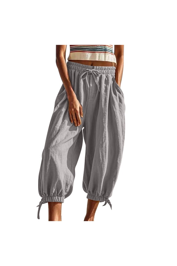 Capri Pants for Women Casual Elastic High Waisted Drawstring Cropped Lantern Pants Wide Leg Trousers with Pockets