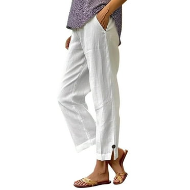 Lenpel Capri Pants for Women Cotton Linen Elastic Waist Side Split Straight Leg Cropped Pants Casual Beach Trousers with Pockets