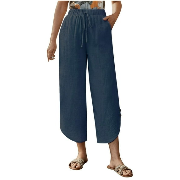 Lenpel Capri Pants for Women Elastic High Waisted Drawstring Cropped Wide Leg Casual Pants Lightweight Summer Trousers