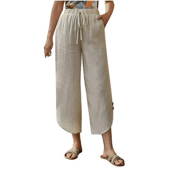 Lenpel Capri Pants for Women Elastic High Waisted Drawstring Cropped Wide Leg Casual Pants Lightweight Summer Trousers