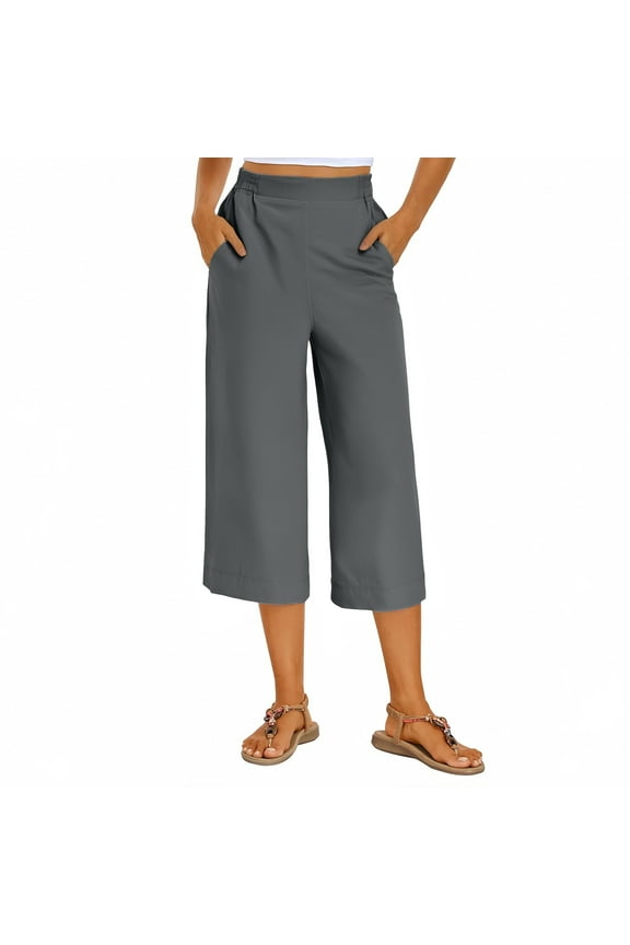 Capri Pants for Women Elastic High Waisted Pull on Side Split Wide Leg Cropped Pants Dressy Casual Palazzo Capris