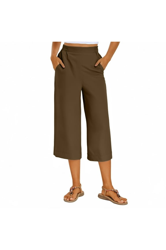 Capri Pants for Women Elastic High Waisted Pull on Side Split Wide Leg Cropped Pants Dressy Casual Palazzo Capris