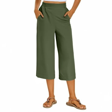 Lenpel Capri Pants for Women Elastic High Waisted Pull on Side Split Wide Leg Cropped Pants Dressy Casual Palazzo Capris