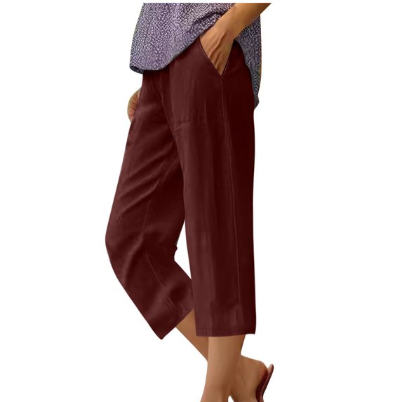 Lenpel Capri Pants for Women Elastic High Waisted Wide Leg Cropped Cotton Linen Pants Casual Loose Trousers with Pockets