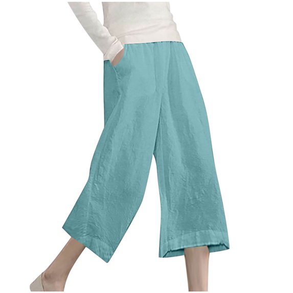 Lenpel Capri Pants for Women Elastic High Waisted Wide Leg Cropped Cotton Linen Pants Casual Loose Trousers with Pockets
