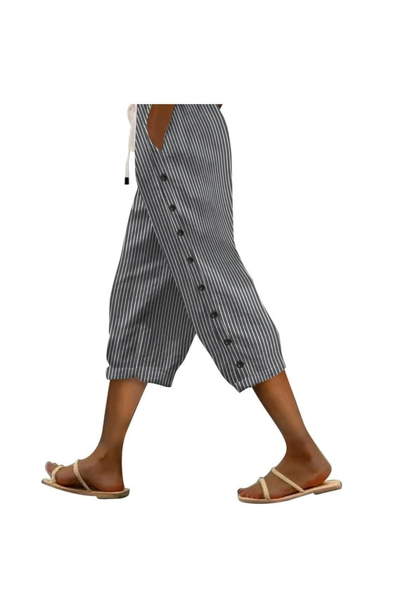Capri Pants for Women High Waisted Drawstring Side Button Cropped Striped Pants Lightweight Casual Trousers
